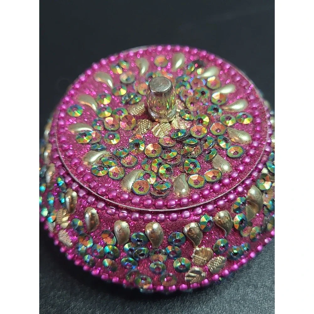 Vintage Fuchsia Round Ornate Jeweled Trinket Jewelry Box Glitter Inlay Sparkle